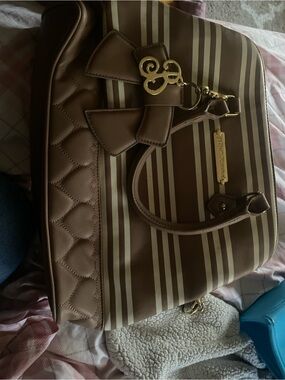Betsey Johnson Brown and Cream Striped Tote with Bow Charm 16” x12”